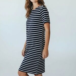 Chicos Dress Women 1 Med Navy Blue Striped T-Shirt Dress Nautical Coastal Preppy